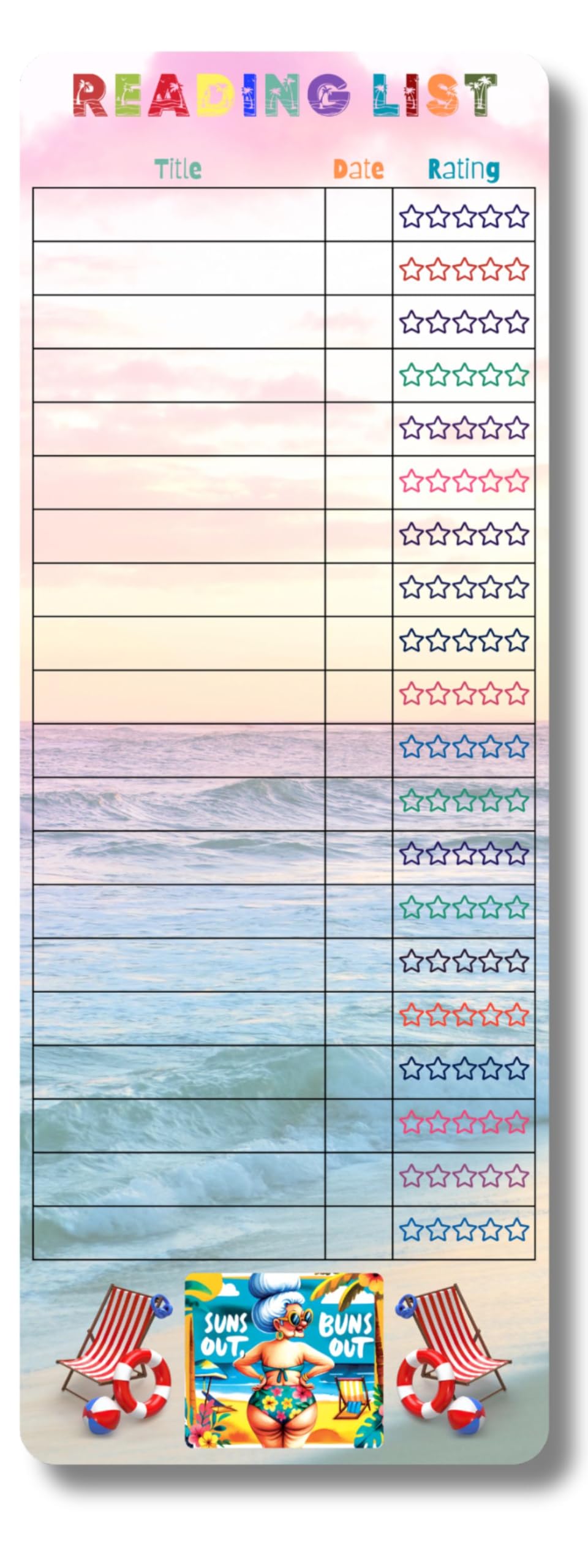 Beach Theme Reading List Bookmarks, Set of 10, Book Tracker Bookmarkers, Fun Reading Log, Great Gift for Book Lovers, Made in USA