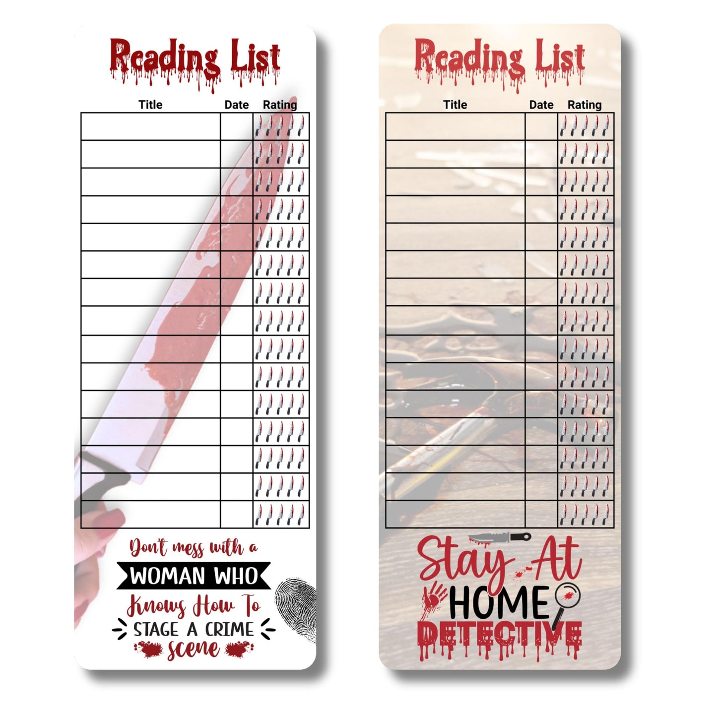 True Crime Theme Reading List Book Tracker Bookmarks, Set of 10, Rating Scale, Made in USA