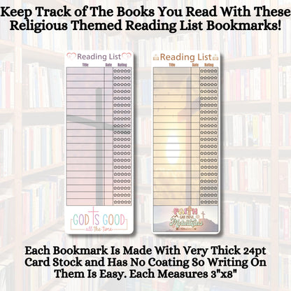 Christian Reading List Bookmarks. Set of 10. Religious Images with Cross Images. "God is Good" and "Faith Can Move Mountains" Quotes. Made in The USA.