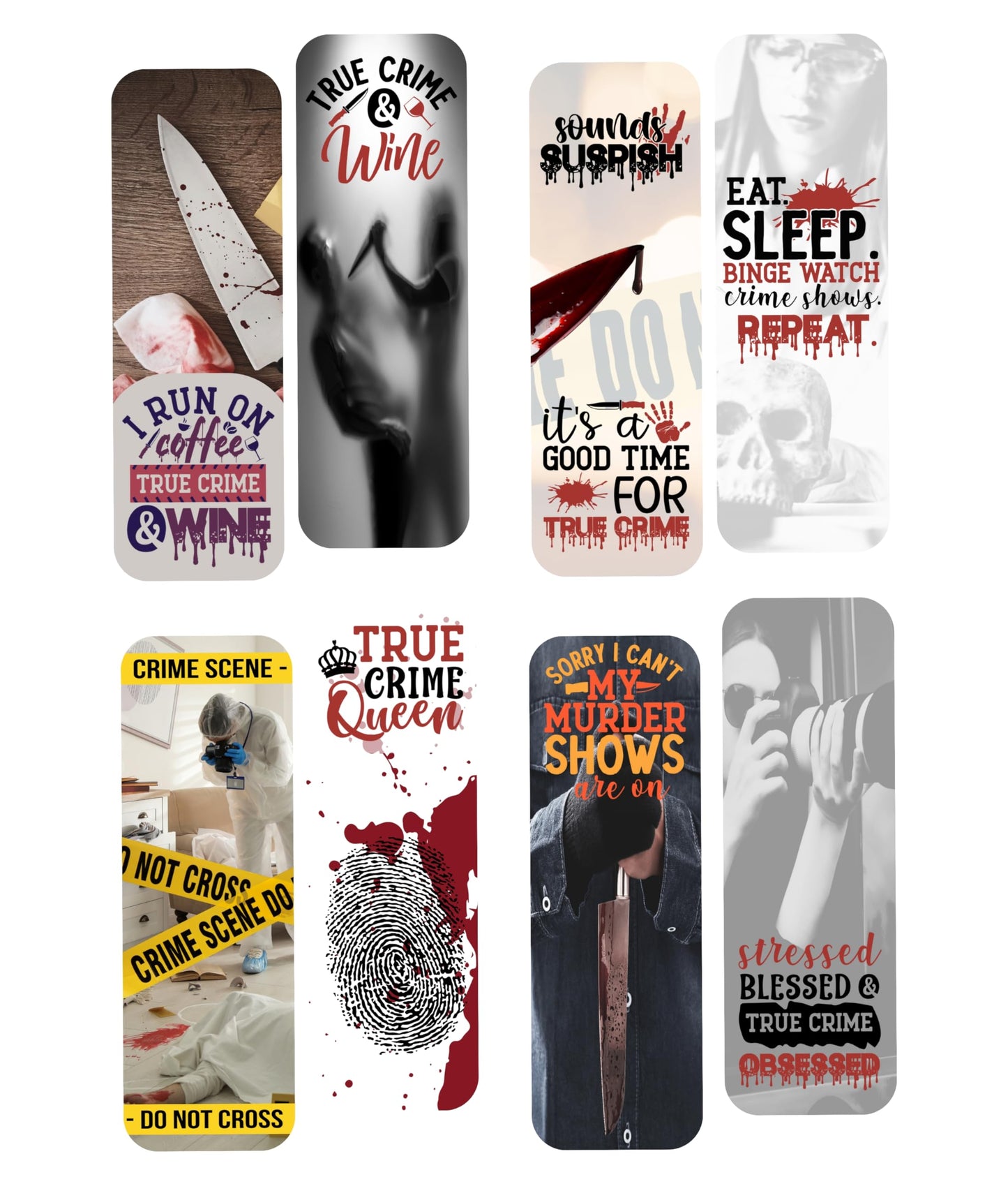 True Crime Bookmark Set. 10 Double Sided Bookmarks with Crime Themes. Dark Murder and Crime Bookmarks. Great Bookmarks for Crime Drama Lovers.