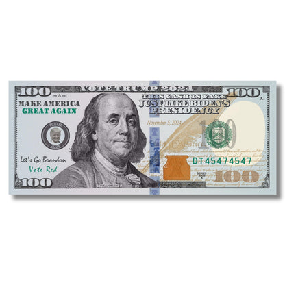 Generic Vote for Trump 2024 Prank $100 Dollar Bills. Funny Vote Trump Gift, Fuck Biden, Let's Go Brandon, MAGA Gift. Make America Great Again. (50 Pack)