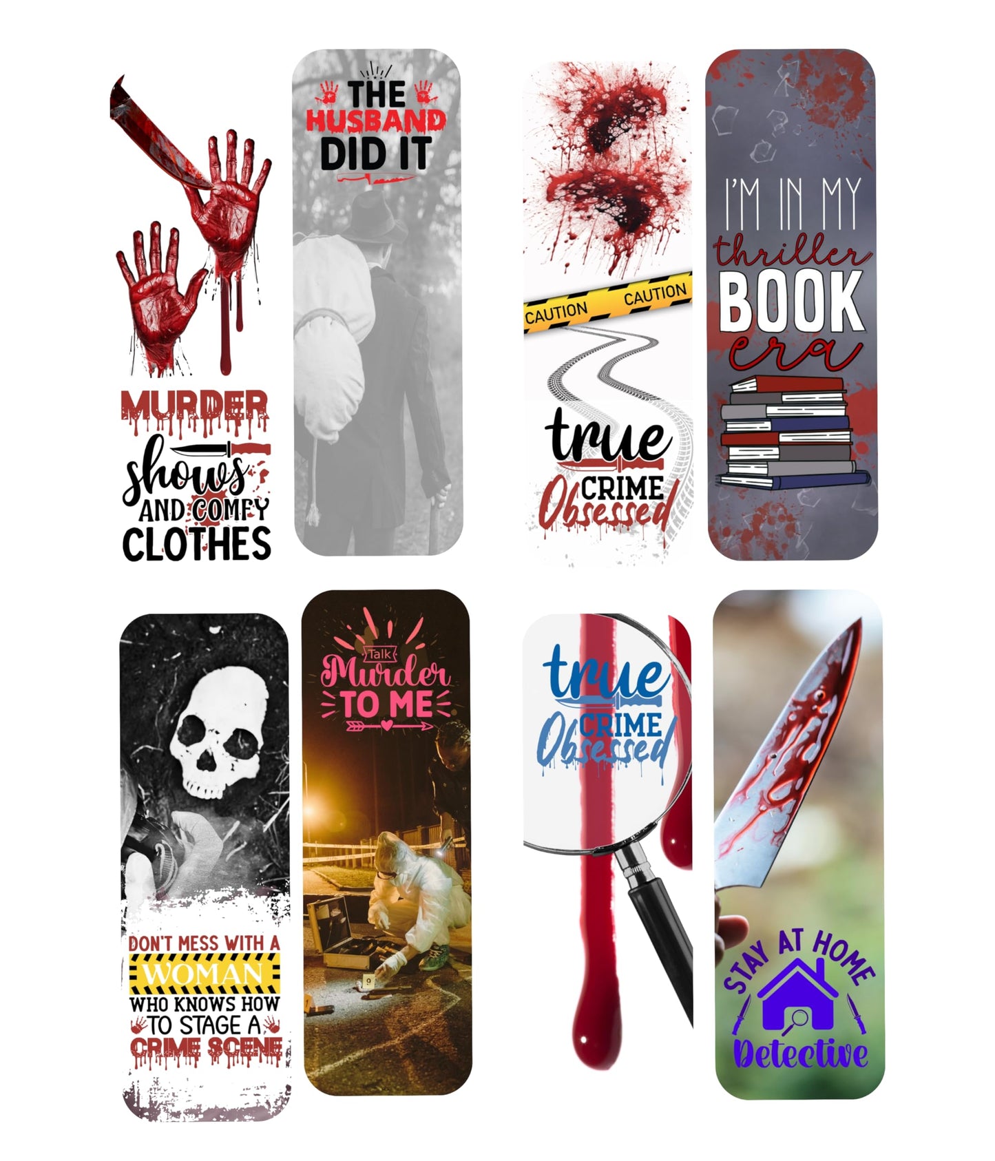 True Crime Bookmark Set. 10 Double Sided Bookmarks with Crime Themes. Dark Murder and Crime Bookmarks. Great Bookmarks for Crime Drama Lovers.