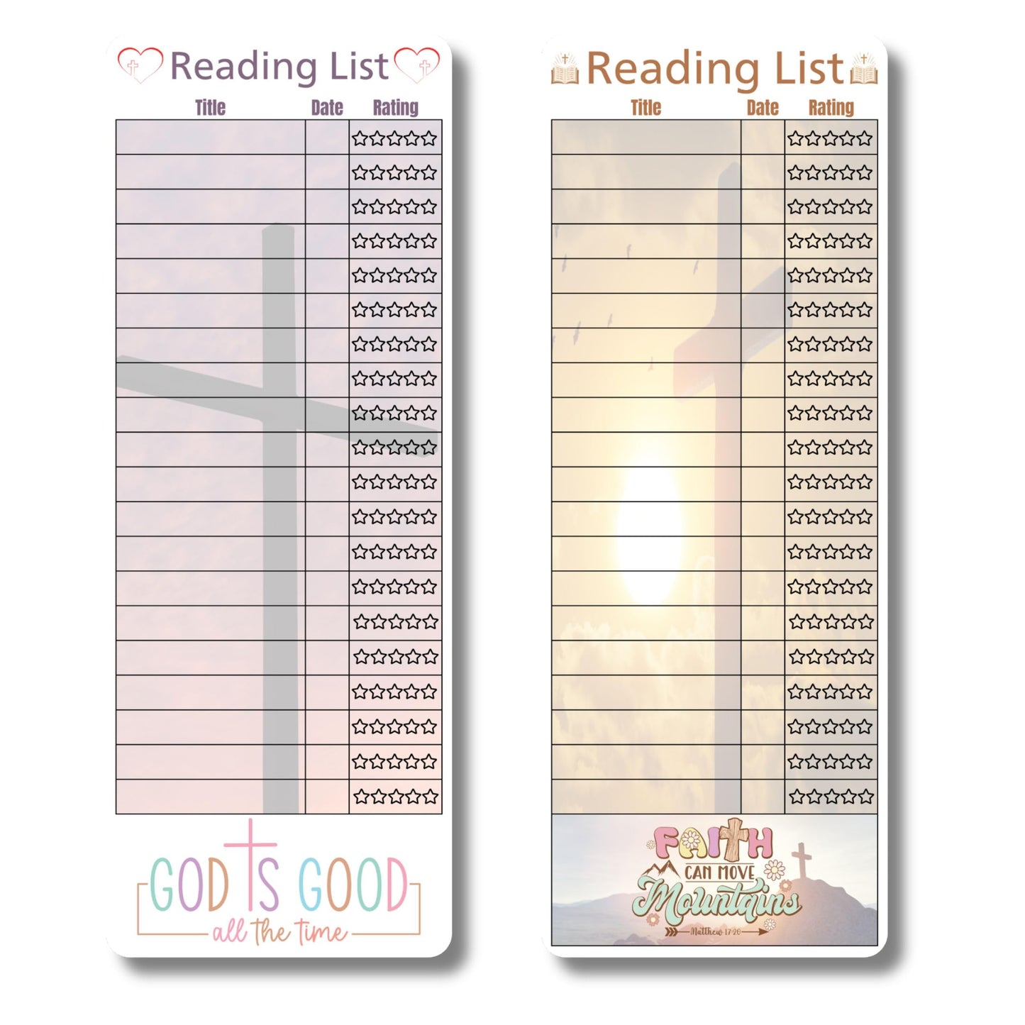 Christian Reading List Bookmarks. Set of 10. Religious Images with Cross Images. "God is Good" and "Faith Can Move Mountains" Quotes. Made in The USA.