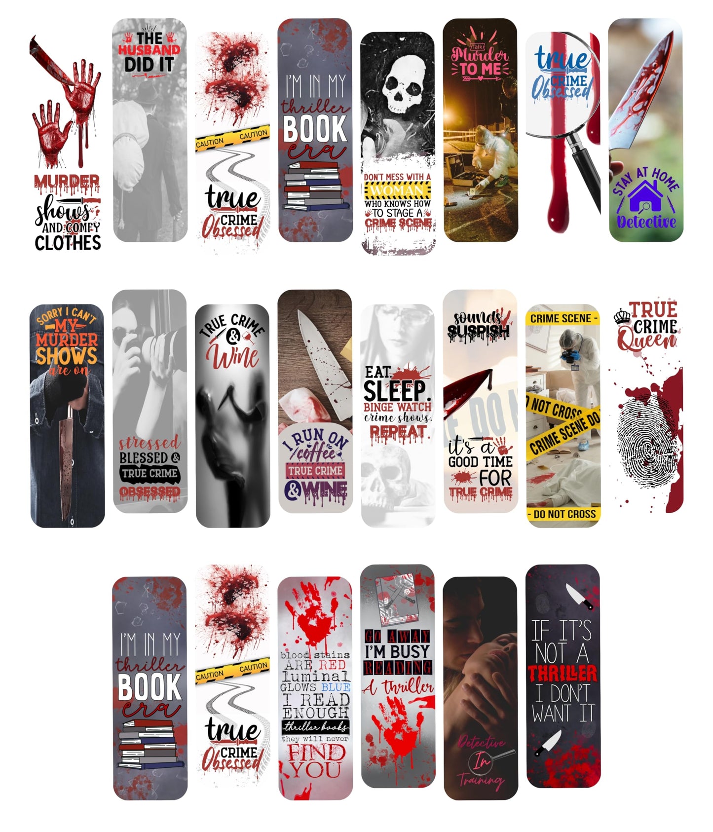 True Crime Bookmark Set. 10 Double Sided Bookmarks with Crime Themes. Dark Murder and Crime Bookmarks. Great Bookmarks for Crime Drama Lovers.