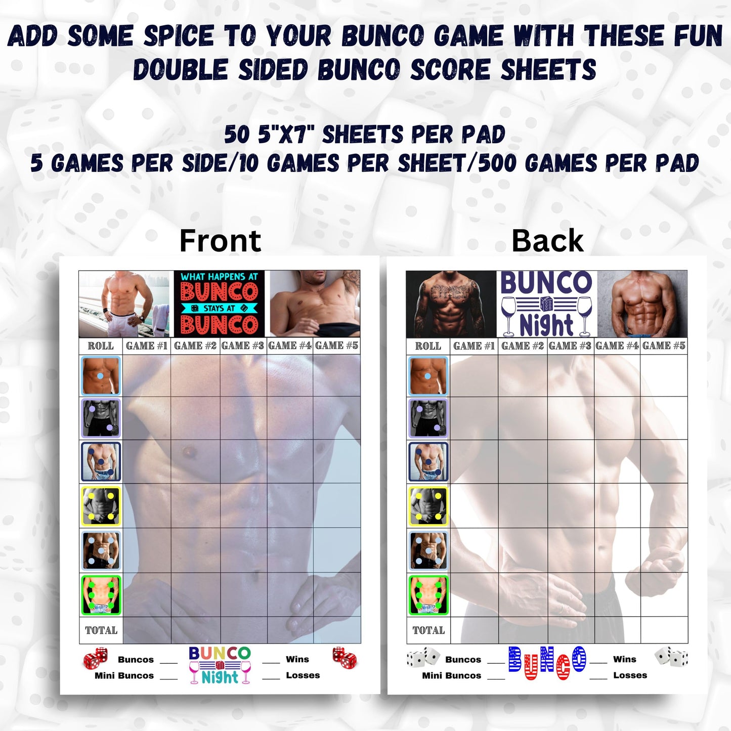 Bunco Score Sheets with Sexy Men. Bunco Night Score Sheets, Fun Sexy Spicy Bunco Scoring Sheets (2 50 Page Pads)