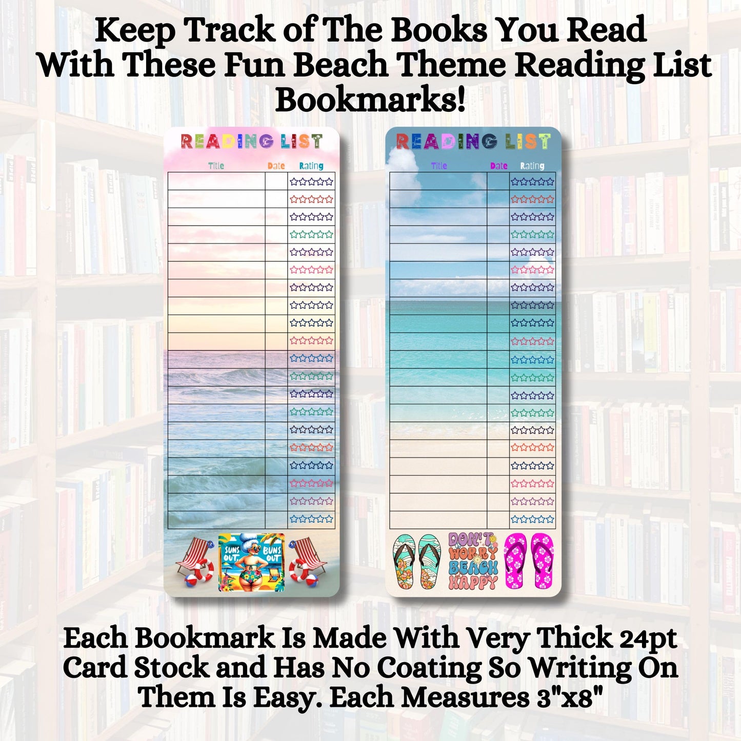 Beach Theme Reading List Bookmarks, Set of 10, Book Tracker Bookmarkers, Fun Reading Log, Great Gift for Book Lovers, Made in USA