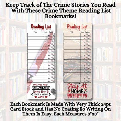 True Crime Theme Reading List Book Tracker Bookmarks, Set of 10, Rating Scale, Made in USA