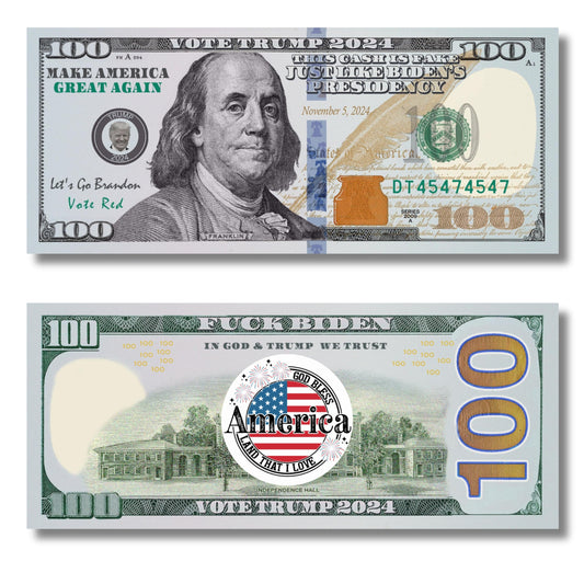 Generic Vote for Trump 2024 Prank $100 Dollar Bills. Funny Vote Trump Gift, Fuck Biden, Let's Go Brandon, MAGA Gift. Make America Great Again. (50 Pack)